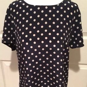 J Crew Blouse 100% Silk Polka Dot Navy Size 8